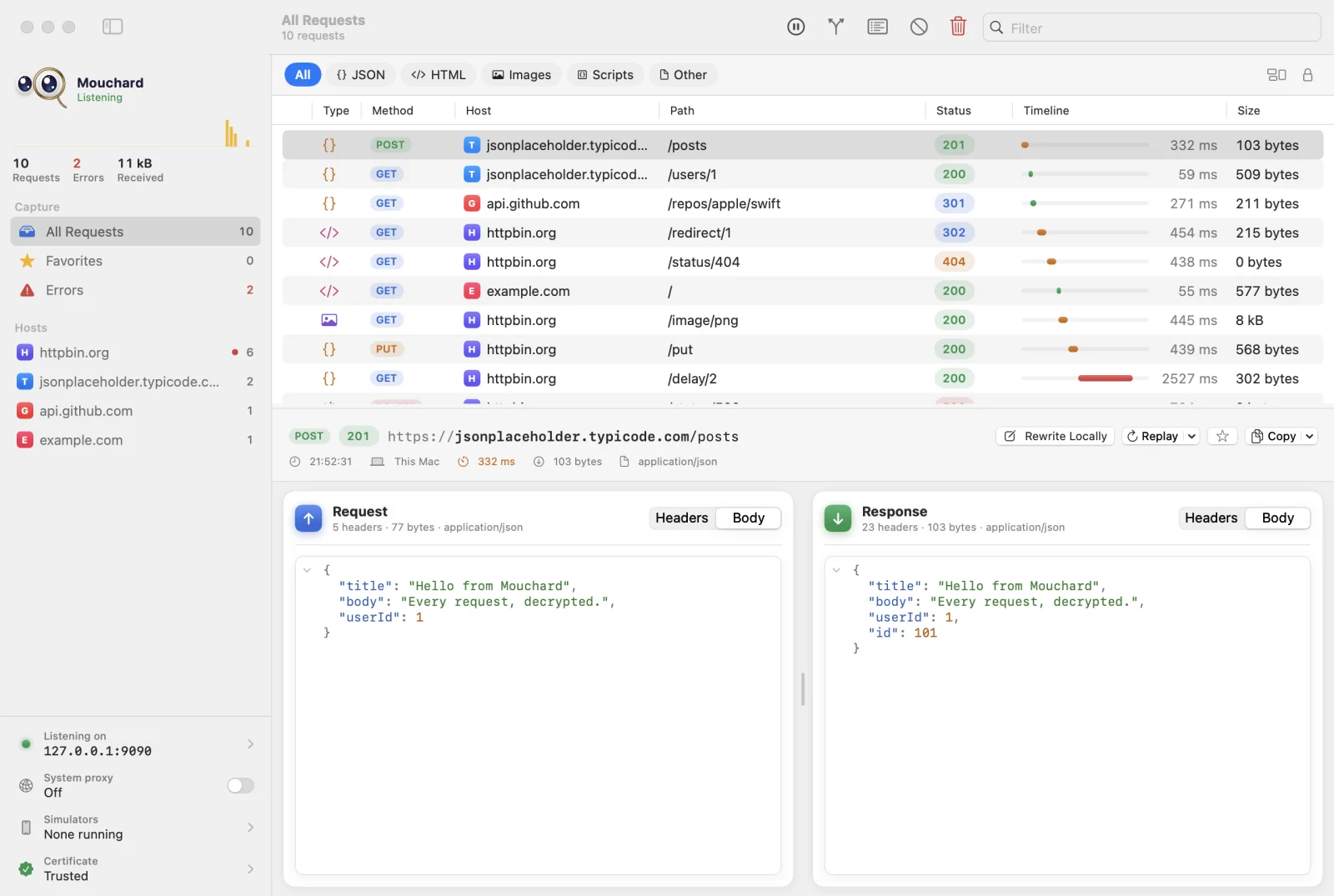 The Mouchard window: the sidebar with hosts and counters, the list of captured requests with their method, status and timeline, and a JSON request and its response, decrypted.